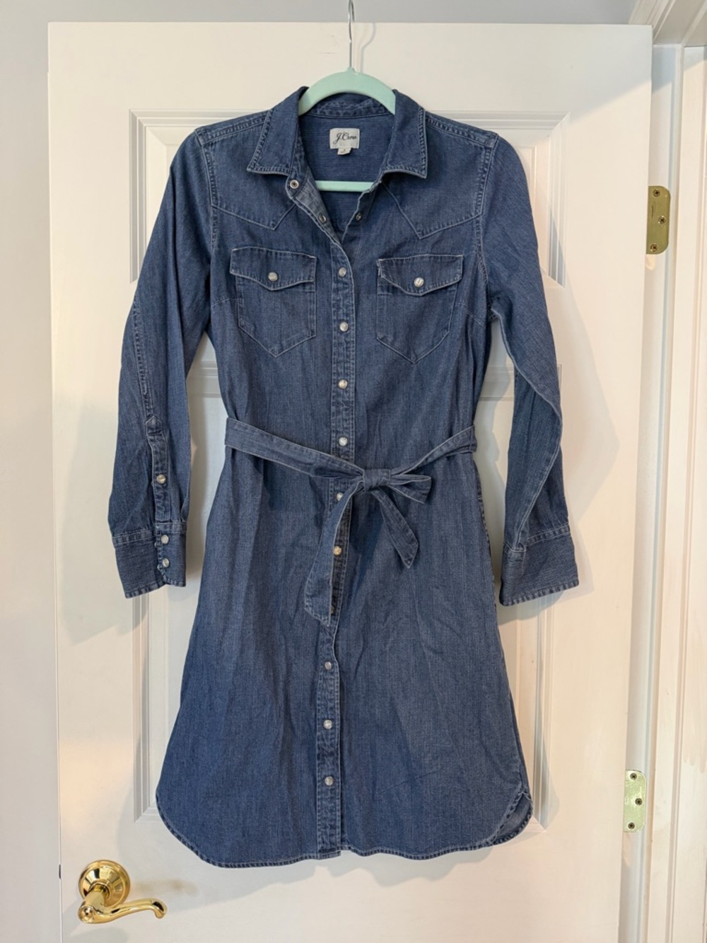 J. Crew Indigo Denim Shirt Dress with Self-Tie Waist